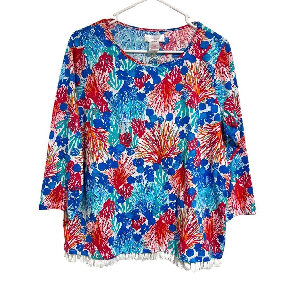 NWT Stella Parker Coral Print Tee Fringe Hem Seashell T-Shirt Top Blue Red Large